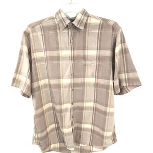 90s VTG Nautica Shirt Mens Large Beige Brown Plaid Button Up Short Sleeve Pocket